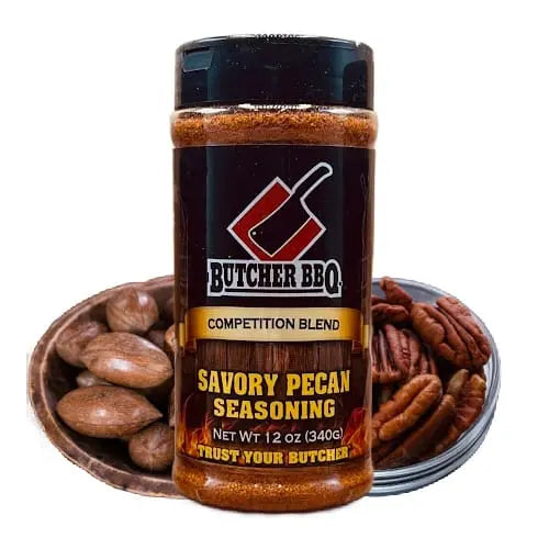 Butcher BBQ Savory Pecan Seasoning jar with pecans on a white background