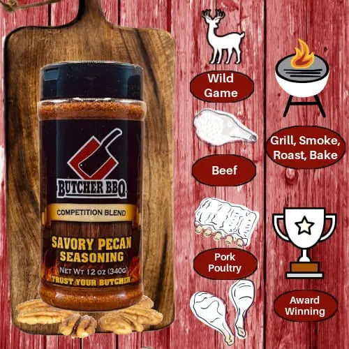 Butcher BBQ Savory Pecan Seasoning bottle on a wooden background with graphics and text.