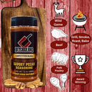 Butcher BBQ Savory Pecan Seasoning bottle on a wooden background with graphics and text.