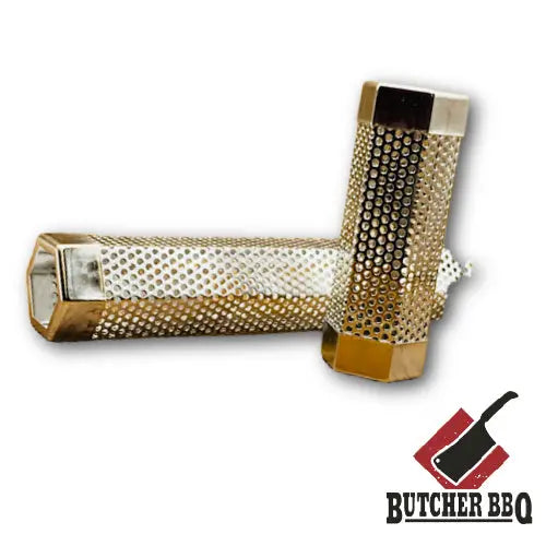 Two gold-colored BBQ skewers with a Butcher BBQ logo on a white background
