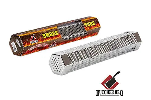 Butcher BBQ tube smoker with packaging on a white background