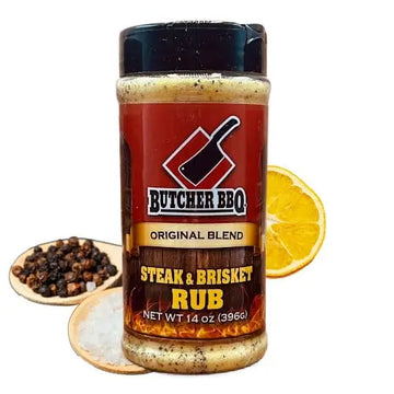 Butcher BBQ Steak & Brisket Rub jar with ingredients on a white background
