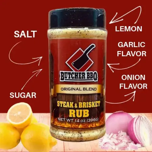 Butcher BBQ steak and brisket rub with lemon, garlic, and onion on a red background