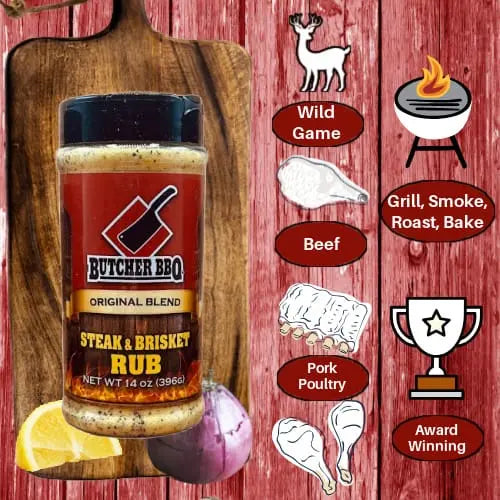 Butcher BBQ steak and brisket rub bottle on a wooden background with illustrations of ingredients and cooking methods.