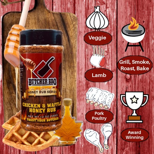 Butcher BBQ Chicken & Waffle Honey Rub with waffles, syrup, and cooking icons on a wooden background