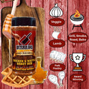 Butcher BBQ Chicken & Waffle Honey Rub with waffles, syrup, and cooking icons on a wooden background