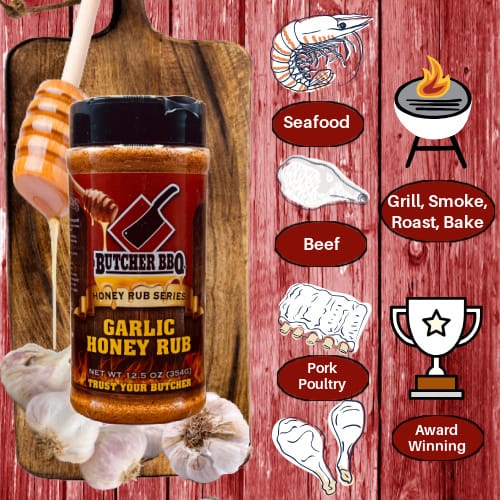 Butcher BBQ Garlic Honey Rub on a wooden board with cooking-related illustrations on a red background
