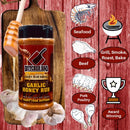 Butcher BBQ Garlic Honey Rub on a wooden board with cooking-related illustrations on a red background