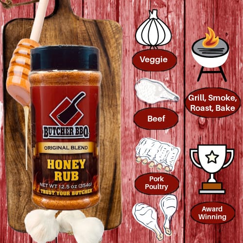 Butcher BBQ honey rub jar on a wooden board with cooking-related illustrations on a red background