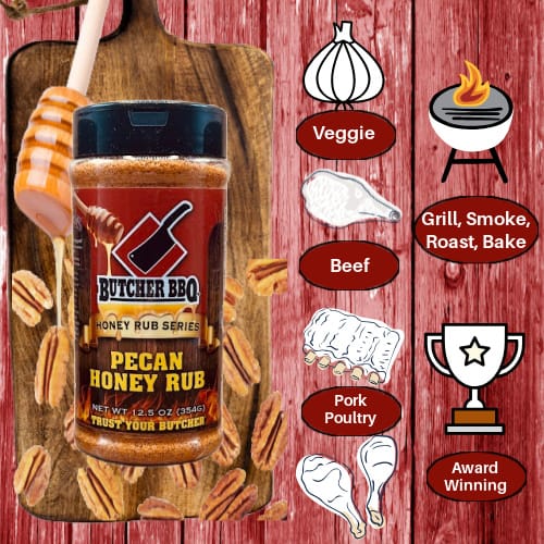 Butcher BBQ Pecan Honey Rub bottle on a wooden board with cooking icons and text on a red background