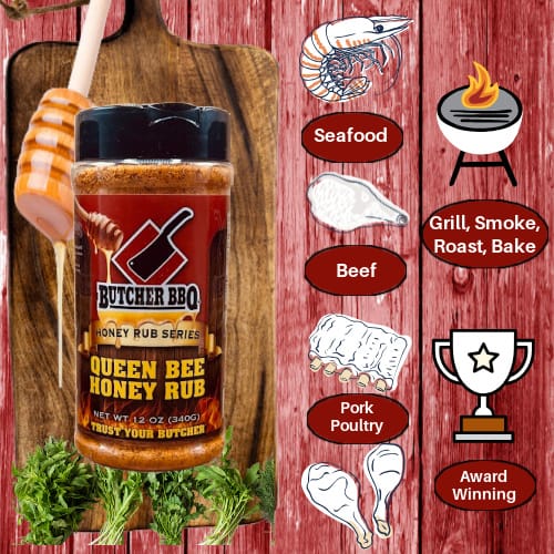 Butcher BBQ Queen Bee Honey Rub bottle on a wooden board with cooking-related illustrations on a red background.