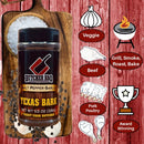 Butcher BBQ Texas Bark spice jar on a wooden board with cooking icons and text on a red background