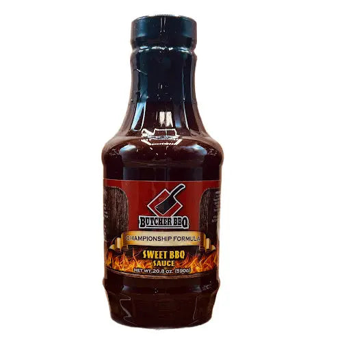 Bottle of Butcher BBQ Sweet BBQ Sauce on a white background