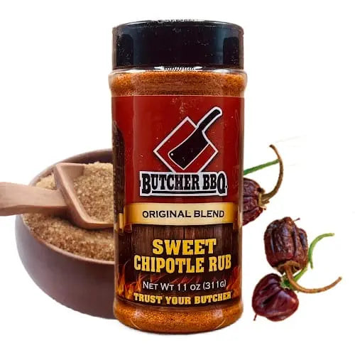 Butcher BBQ Sweet Chipotle Rub jar with ingredients on a white background