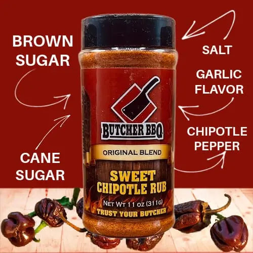 Butcher BBQ Sweet Chipotle Rub bottle with flavor details on a red background