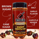 Butcher BBQ Sweet Chipotle Rub bottle with flavor details on a red background