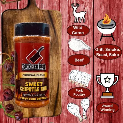 Butcher BBQ Sweet Chipotle Rub jar on a wooden cutting board with cooking-related illustrations on a red background.