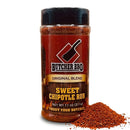 A bottle of Butcher BBQ Sweet Chipotle Rub seasoning with a black cap and a red label, shown on a white background with a pile of the reddish-brown spice blend in front.