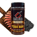 Butcher BBQ Texas Bark seasoning jar with sliced steak on a wooden board