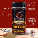 Butcher BBQ Texas Bark seasoning jar with labeled ingredients on a red background