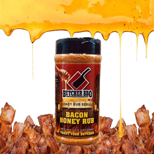 Butcher BBQ Bacon Honey Rub with bacon and honey in the background