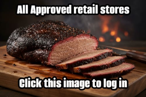 A close-up of a sliced smoked meat loaf on a wooden cutting board with a knife, overlaid with the text 'All Approved retail stores' at the top and 'Click this image to log in' at the bottom.
