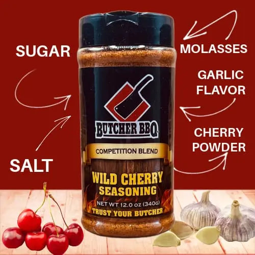 Butcher BBQ Wild Cherry Seasoning bottle with ingredients listed on a red background