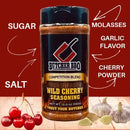 Butcher BBQ Wild Cherry Seasoning bottle with ingredients listed on a red background
