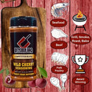 Butcher BBQ Wild Cherry Seasoning bottle on a wooden background with illustrations of ingredients and cooking methods.