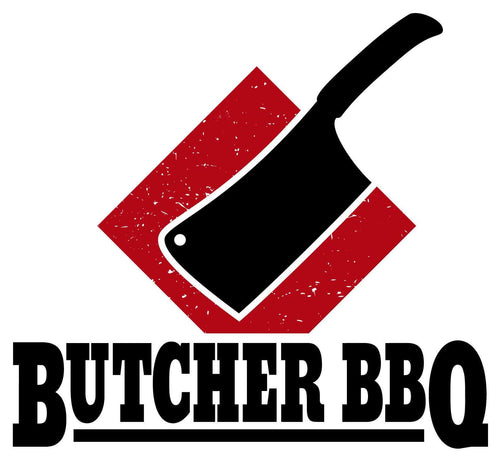 A logo-style graphic with a black cleaver over a distressed red diamond shape and the text 'BUTCHER BBQ' in large black letters on a white background.