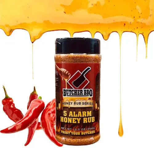 Butcher BBQ 5 Alarm Honey Rub with honey and chili peppers on a white background