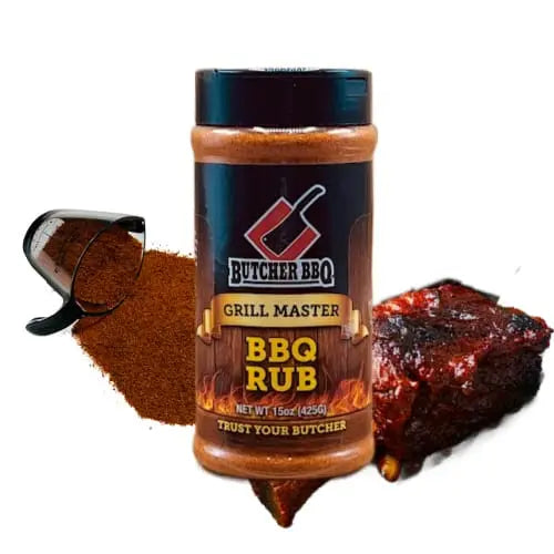 Butcher BBQ Grill Master BBQ Rub with a scoop of rub and ribs on a white background