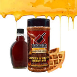 Butcher BBQ honey rub with a bottle of syrup and waffle on a white background
