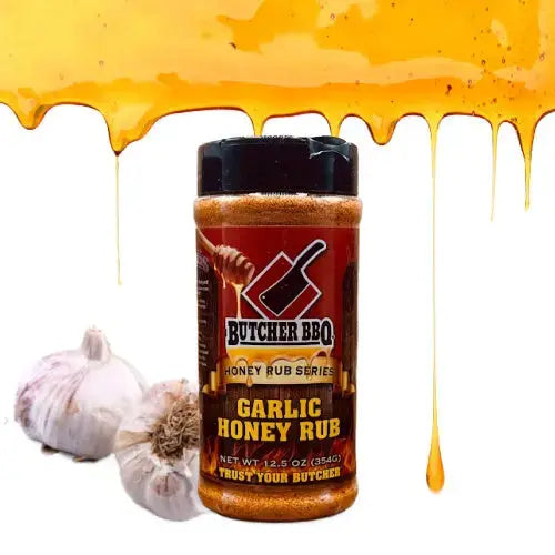 Butcher BBQ Garlic Honey Rub with garlic and honey on a white background