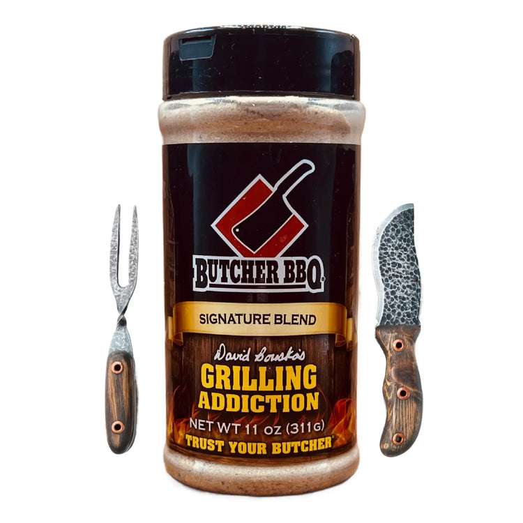 Butcher BBQ seasoning jar with a fork and knife on a white background