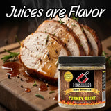 A jar of Butcher BBQ Turkey Brine placed in front of sliced cooked turkey on a wooden cutting board, with the text 'Juices are Flavor' above. The product label is visible and the scene is styled as a food marketing image.