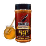 Butcher BBQ Honey Rub jar with a small jar of honey on a white background