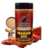 Butcher BBQ Premium Rub jar with barbecue ribs and seasoning on a white background