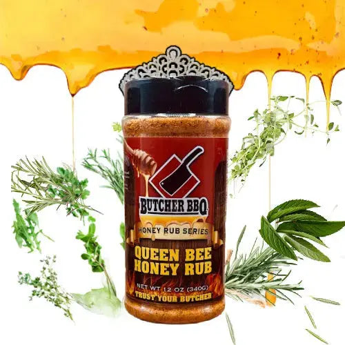 Butcher BBQ Queen Bee Honey Rub spice jar with herbs and honey on a white background
