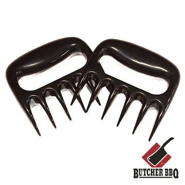 Black meat shredders on a white background with Butcher BBQ logo.