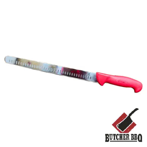 Butcher knife with red handle on a white background, featuring the Butcher BBQ logo.