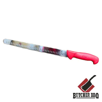Butcher knife with red handle on a white background, featuring the Butcher BBQ logo.