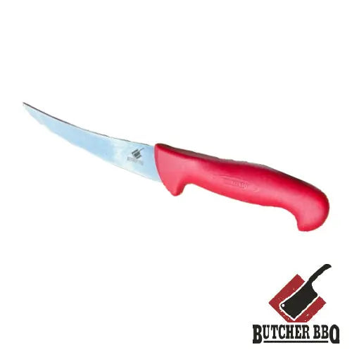 Red-handled knife with a white background and Butcher BBQ logo.