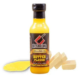 Butter-flavored grilling oil bottle with a label on a white background