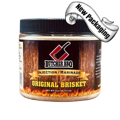 Butcher BBQ Injection Marinade jar with 'New Packaging' text on a white background