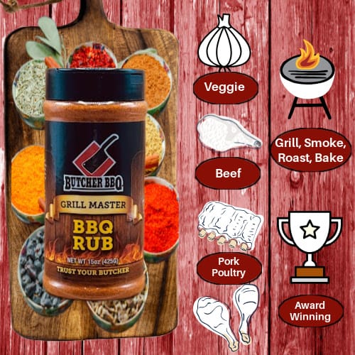Butcher BBQ Grill Master BBQ Rub jar with cooking icons and text on a wooden background