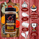 Butcher BBQ seasoning blend bottle with grilling accessories and text on a wooden background