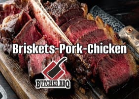 Sliced meats on a wooden board with 'Butcher BBQ' branding.